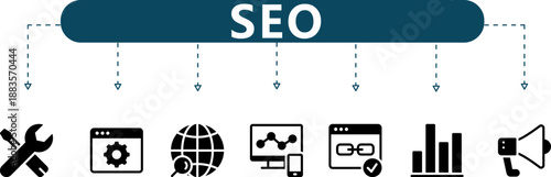 SEO Infographic 7 Search Engine Optimization Icons in Black Silhouettes for Marketing Audits, Traffic Analysis and Strategy Presentations