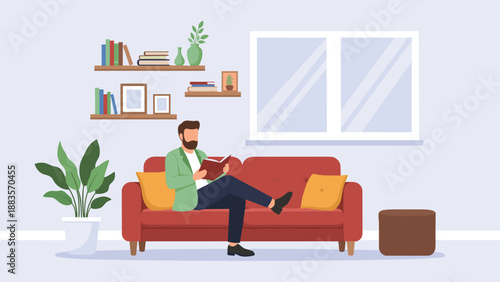 Bearded man comfortably reading a book on a red sofa in a cozy living room, surrounded by plants and shelves, depicting leisure, relaxation, and a tranquil home environment.