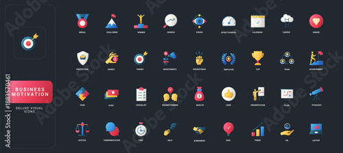 Gradient flat style icons set with business motivation, achievement, finance, teamwork, planning, and communication concepts on dark UI background vector illustration.