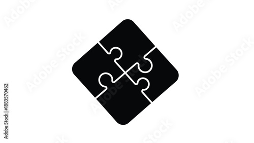 Simple black silhouette icon of four interlocking puzzle pieces forming a square, representing problem-solving, teamwork, integration, connection, or a complete solution.