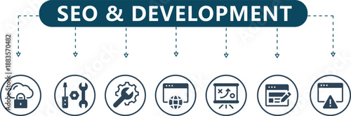 SEO and Development Infographic 7 Digital Marketing and Web Technical Icons in Monochrome Blue for Agency Presentations and Tech Audits
