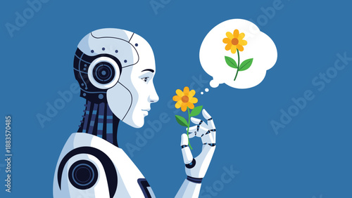 Humanoid robot smelling a yellow flower, with a thought bubble indicating appreciation, symbolizing artificial intelligence exploring human senses and emotional understanding.