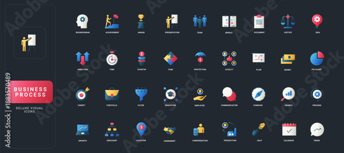 Gradient flat style icons set with business, management, finance, communication, planning, and teamwork concepts on dark UI background vector illustration.