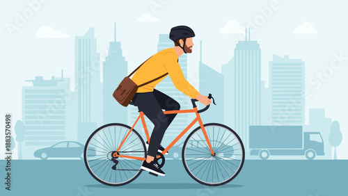 Man with a helmet and messenger bag riding a bicycle in a city, with skyscrapers in the background, representing urban cycling, eco-friendly commuting, and a healthy lifestyle.
