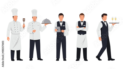 Group of five restaurant staff members, including chefs and waiters in uniforms, holding various service items, representing the professional team in the hospitality industry.