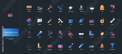 Gradient flat style icons set with construction machinery, safety gear, tools, and building materials on dark UI background vector illustration for industry, engineering, and architecture.