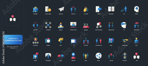 Gradient flat style icons set with internet, social media, messaging, video, translation, teamwork, and dialogue concepts on dark UI background vector illustration.