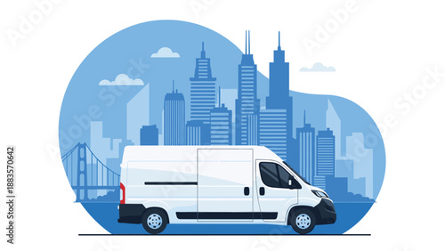 White delivery van with a blue cityscape and bridge in the background, representing urban logistics, transportation, and efficient delivery services in a metropolitan area.