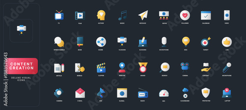 Gradient flat style icons set with media, communication, blogging, social, technology, and creative tools on dark UI background vector illustration for digital content creation themes.