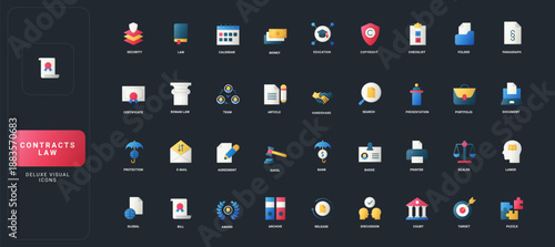 Gradient flat style icons set with law, contracts, legal documents, justice, agreement, and business symbols on dark UI background vector illustration for professional legal themes.