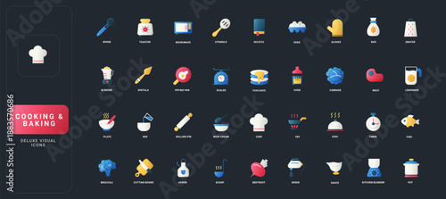 Gradient flat style icons set with kitchen utensils, food ingredients, cookware, chef tools, and baking essentials on dark UI background vector illustration.