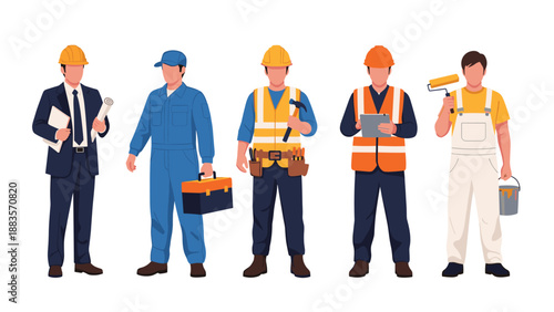 Group of five male construction workers and professionals in various uniforms, including a businessman, engineer, and painter, representing diverse roles in the construction industry.