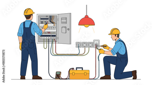 Two electricians wearing hard hats and uniforms, working on electrical wiring in a home, one adjusting a circuit breaker and the other connecting outlets, ensuring safety and functionality.