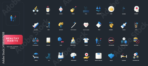 Gradient flat style icons set with daily wellness, fitness, nutrition, hygiene, mental health, and lifestyle habits on dark UI background vector illustration.