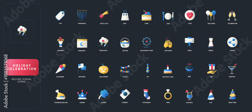 Gradient flat style icons set with diverse holiday, celebration, and festive event symbols, including food, gifts, traditions, and party elements on dark UI background vector illustration.
