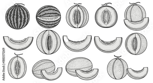 Illustration of various watermelon slices and whole watermelons