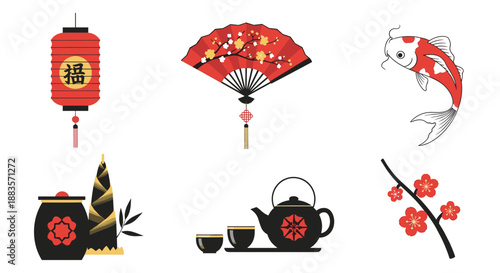 Collection of japanese themed icons including lantern, fan, koi fish, tea set, and cherry blossoms
