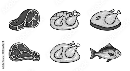 Black and white line drawing of various meats and fish