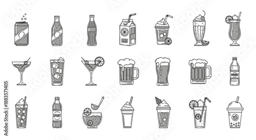 Collection of various drinks and cocktails in a line drawing style