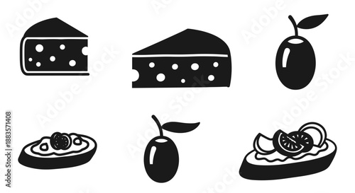 Black and white icons of cheese and olives