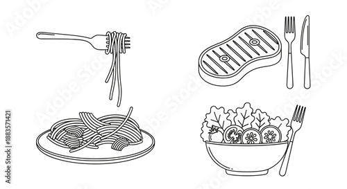 Black and white illustration of various food and utensils on plates
