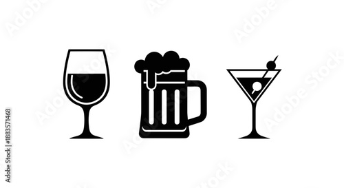 Black icons of wine glass beer mug and cocktail