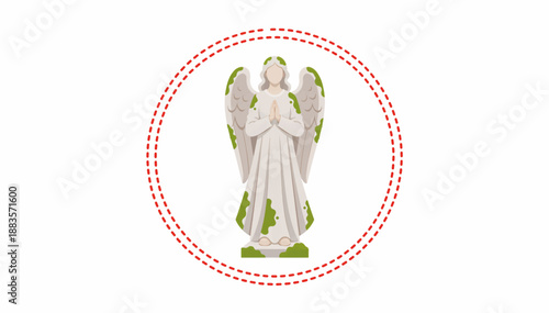 Angel statue covered in moss. Flat design vector illustration of a praying stone figure. Religious monument isolated on white background