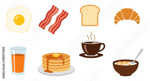 A variety of breakfast foods icons including egg bacon bread croissant