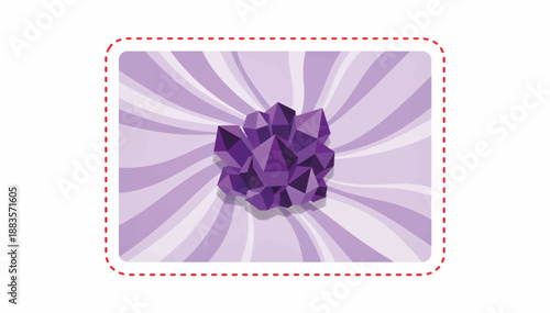 Amethyst crystal cluster vector illustration. Purple gemstone mineral with faceted design. Stylized magic stone on radial background