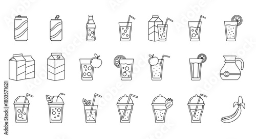 Collection of various drinks and beverages in line art style