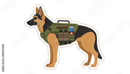 Military German Shepherd dog with tactical gear. K9 unit wearing vest and first aid kit. Stylized vector illustration sticker