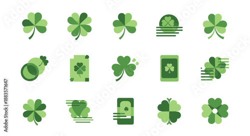 Collection of various green shamrock icons and symbols