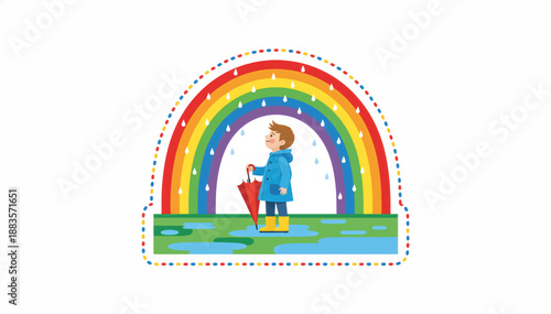 Boy looking at rainbow after rain. Child in raincoat holding umbrella standing in puddles. Flat design vector illustration isolated on white background