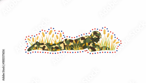 Ukrainian soldier in camouflage lying in wheat field. Stylized flat vector illustration isolated on white background. Military defense concept with national flag patch