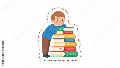Boy resting chin on stack of books. Education and reading concept. Flat design vector illustration isolated on white background