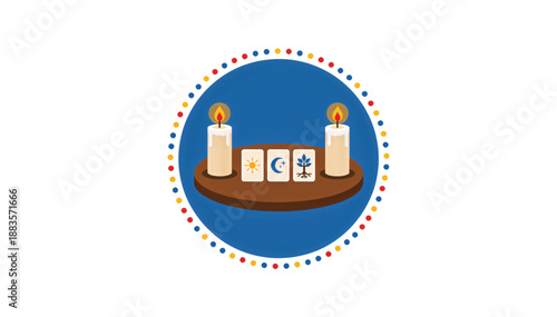 Tarot card reading concept with candles and symbols. Spiritual divination altar flat vector illustration. Magic and occult design element