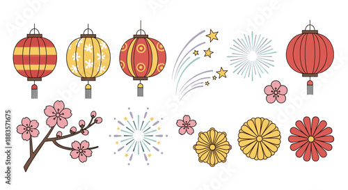 Colorful chinese new year elements with lanterns and flowers
