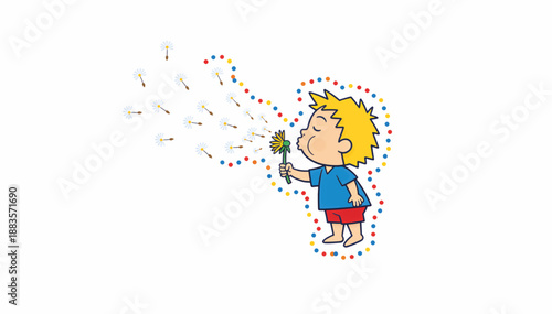 Cartoon boy blowing dandelion seeds. Stylized vector illustration with colorful dotted outline. Childhood nature concept isolated on white background