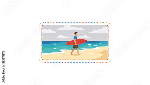 Man walking on beach with surfboard. Flat design vector illustration. Surfing and summer vacation concept. Stylized graphic isolated on white background