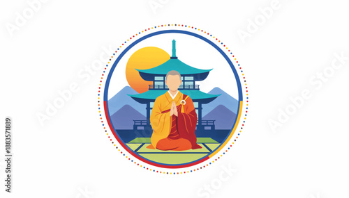 Buddhist monk praying at a mountain temple at sunrise. Stylized flat design vector illustration. Zen meditation and spirituality concept isolated on white background