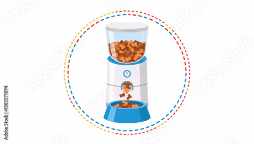 Automatic pet feeder dispensing kibble into a bowl. Flat design vector illustration of smart pet feeding device. Isolated graphic on white background