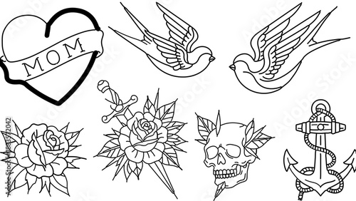 A collection of traditional tattoo designs including a heart with 'MOM', doves, roses, a skull, and an anchor.