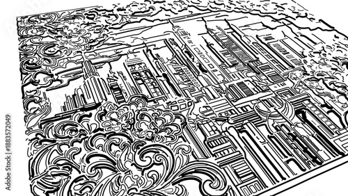 A detailed vector illustration of a cityscape with intricate designs and patterns