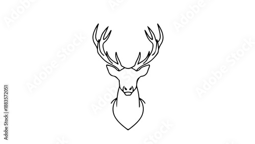 A clean, symmetrical deer head with sharp antlers drawn in minimalist black lines.