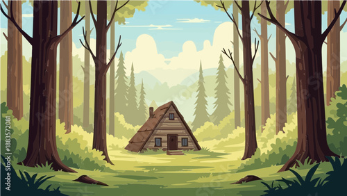 A serene illustration of a small wooden cabin nestled in a forest clearing surrounded by tall trees and lush greenery under a blue sky with fluffy white clouds.