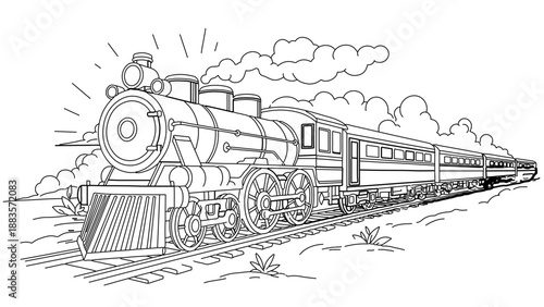 A classic steam train rolls through a grassy landscape, puffing smoke under a cloudy sky.