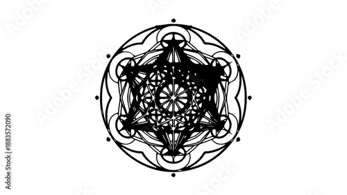 A minimalist black and white vector graphic illustration of an intricate mandala design
