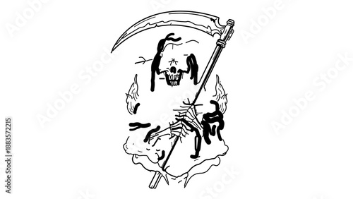 A vector graphic illustration of the grim reaper holding a scythe in a minimalist design style