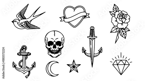 A set of nine black and white tattoo icons including a swallow, heart, rose, anchor, skull, dagger, moon, star, and diamond.