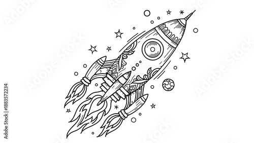 A vector graphic illustration of a rocket ship soaring through space with stars and planets